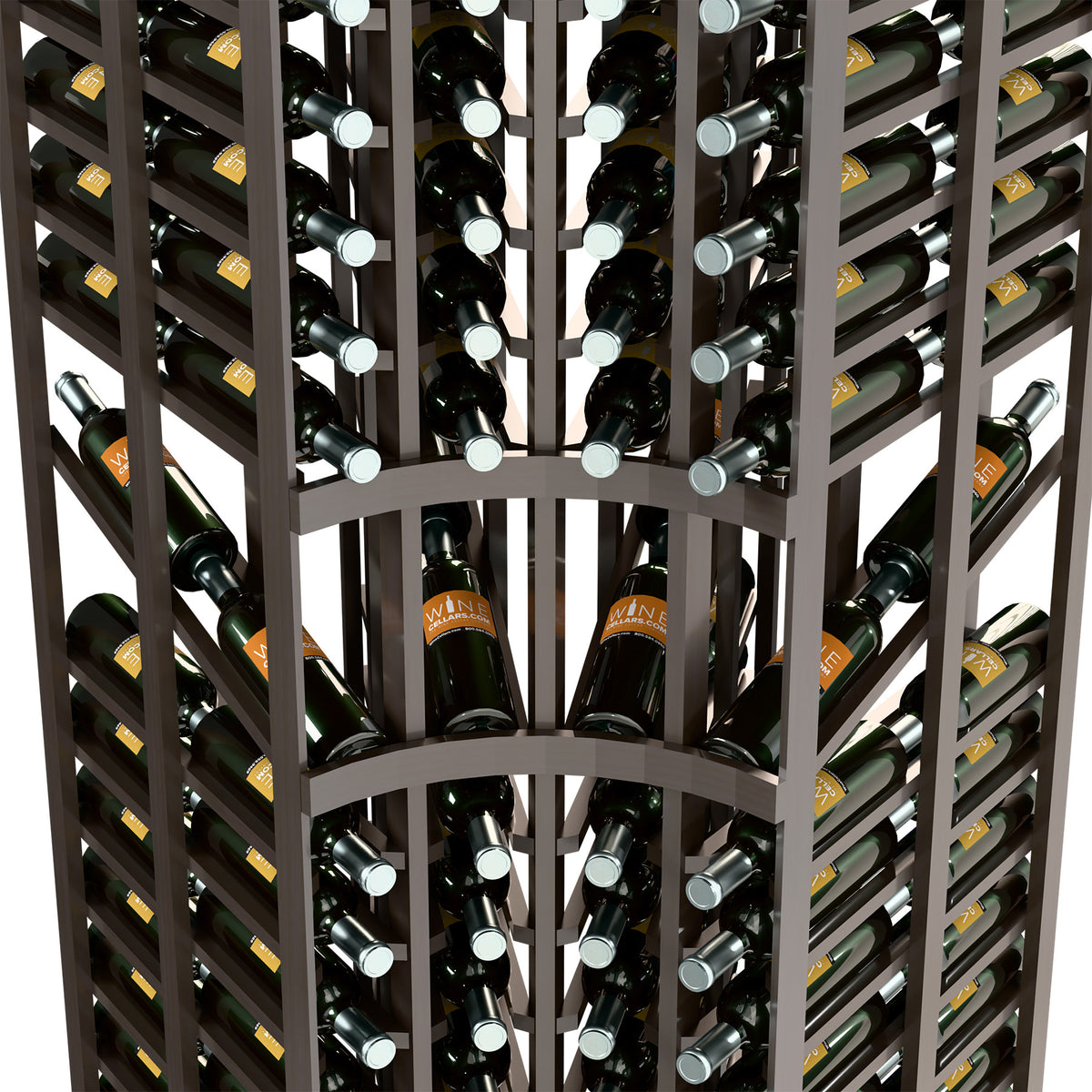 Wine rack close-up showing dark wood shelving and double-deep wine bottle cradles