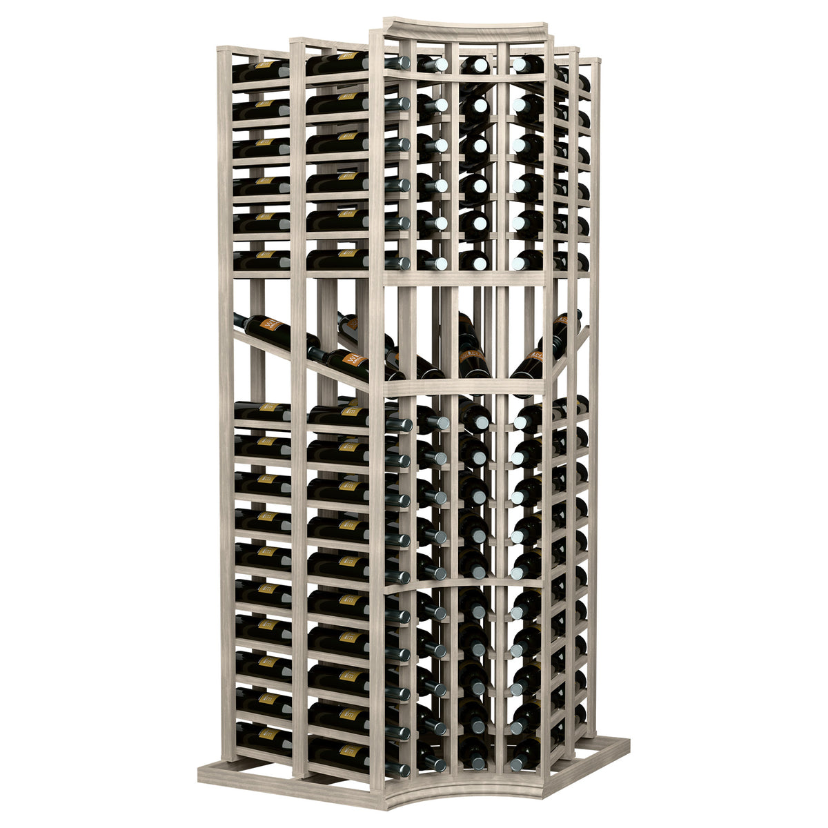 Light wood wine display rack with curved corners and double-depth 6-ft design