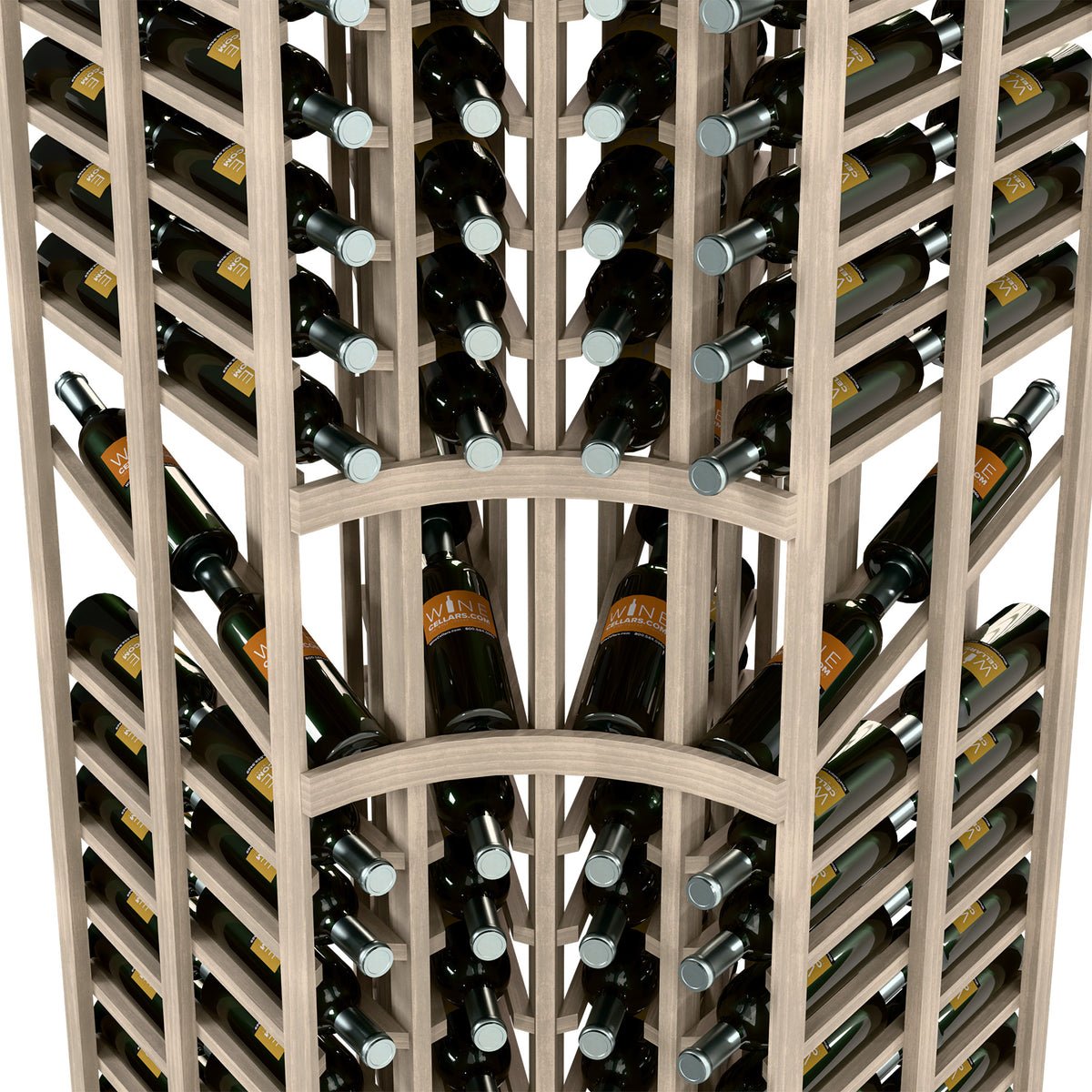 Close-up wine display rack with curved grid and double-depth bottle storage