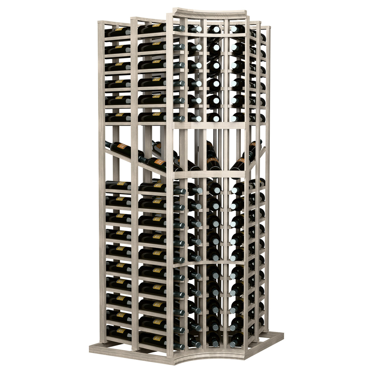 Light wood 4-column curved corner wine display rack with double-depth shelves