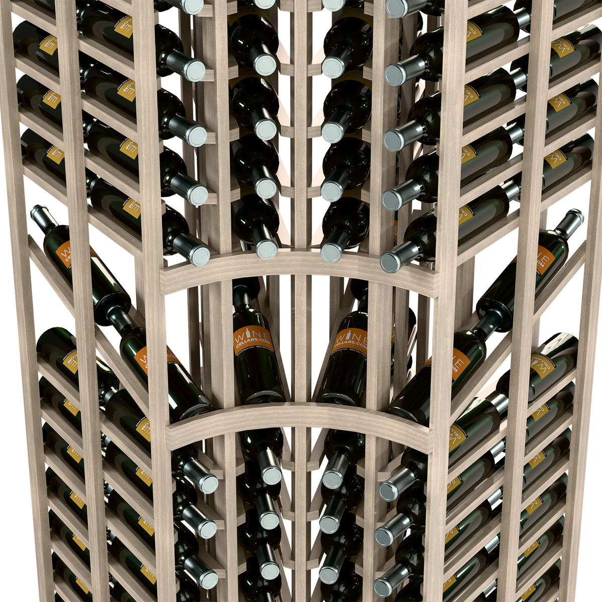 Front view of curved corner wine rack with double-depth rows for bottles