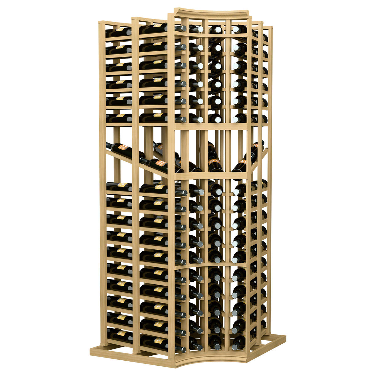 Natural wood wine display rack with curved corners and double-depth shelving