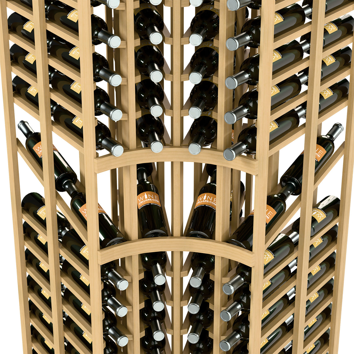 Close-up of double-depth wine rack shelves with curved corner frame and bottle slots