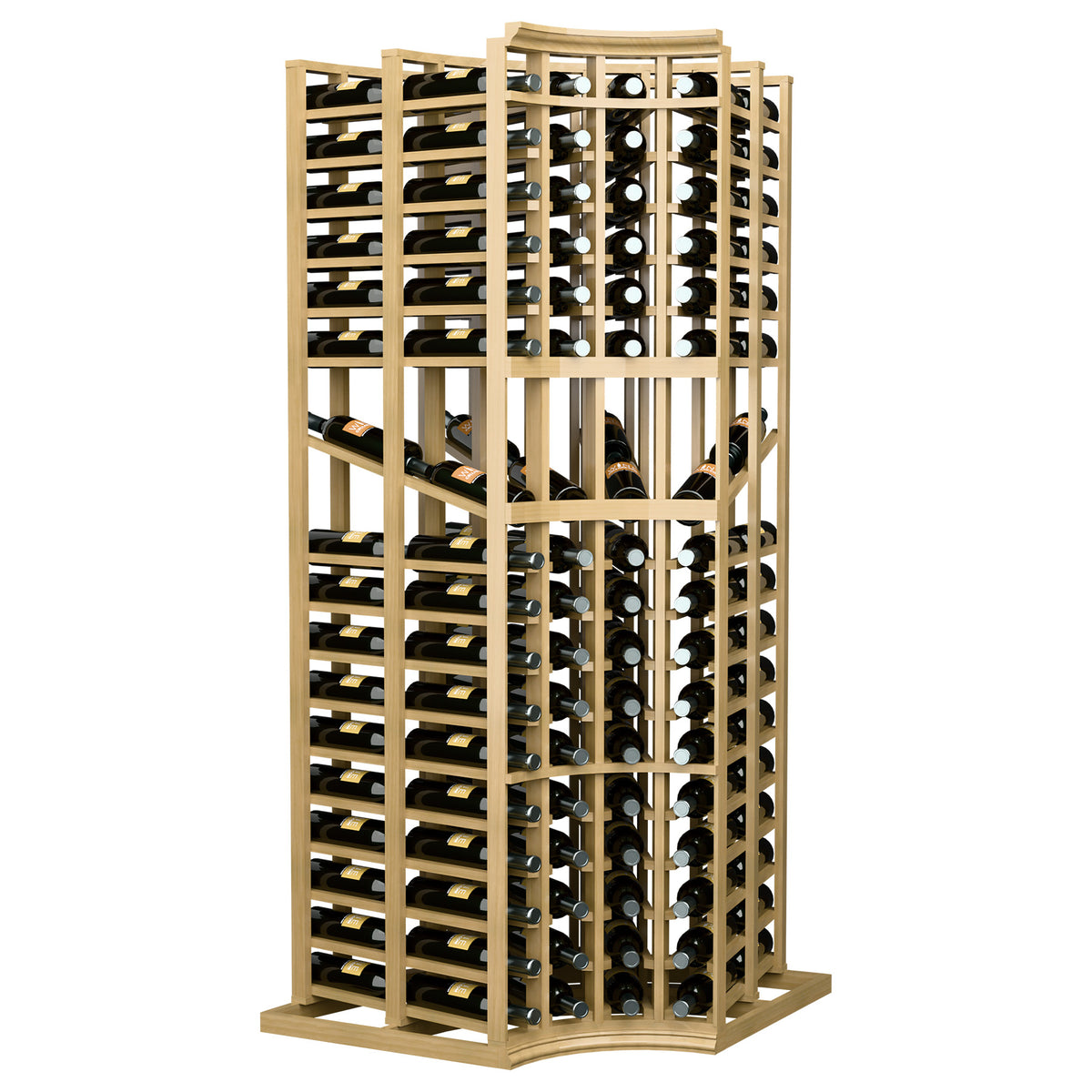 Natural wood 4-column curved corner wine display rack, double-depth bottle storage
