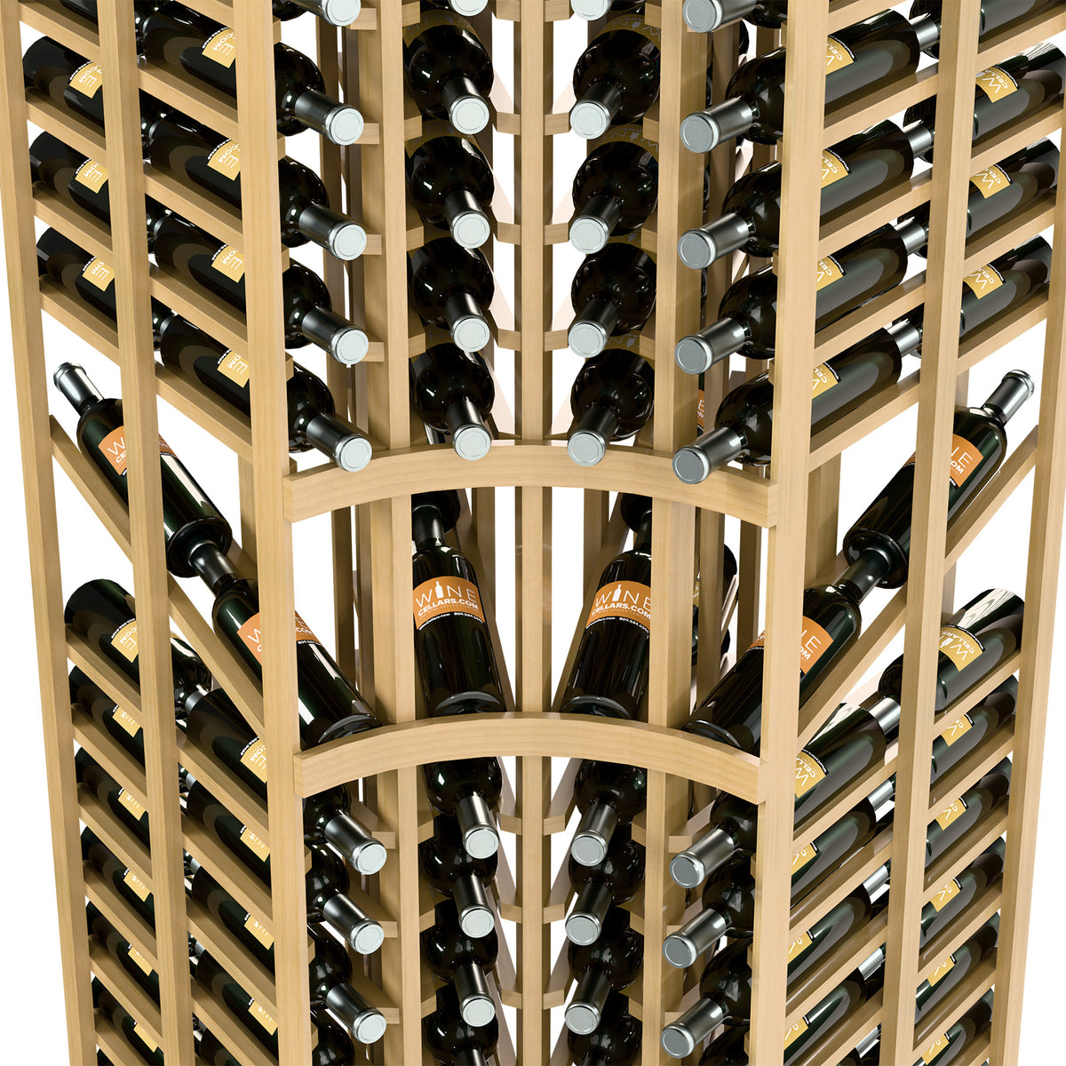 Front view of natural wood curved-corner wine rack with double-depth rows