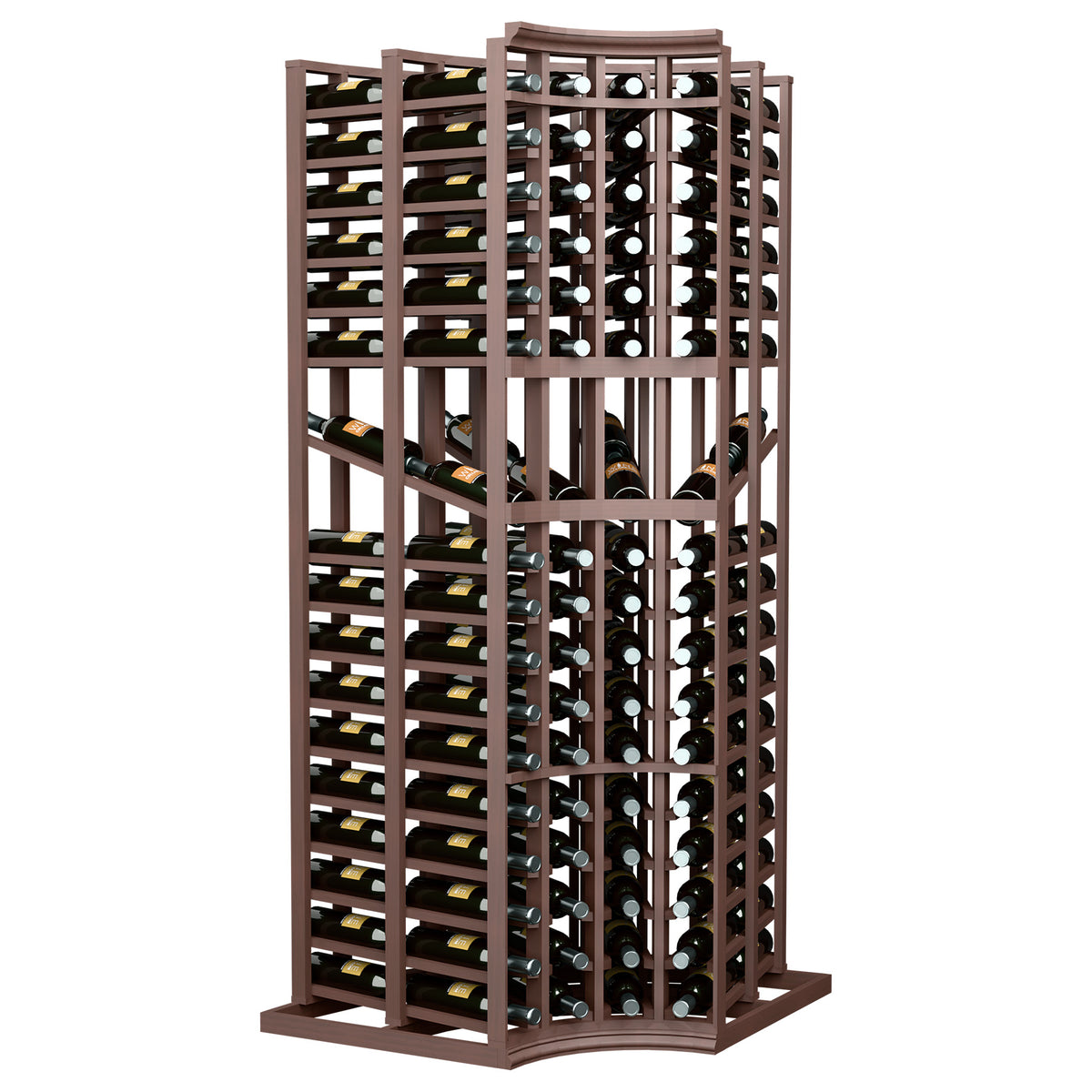 Dark wood wine display rack with curved corners and double-depth bottle storage