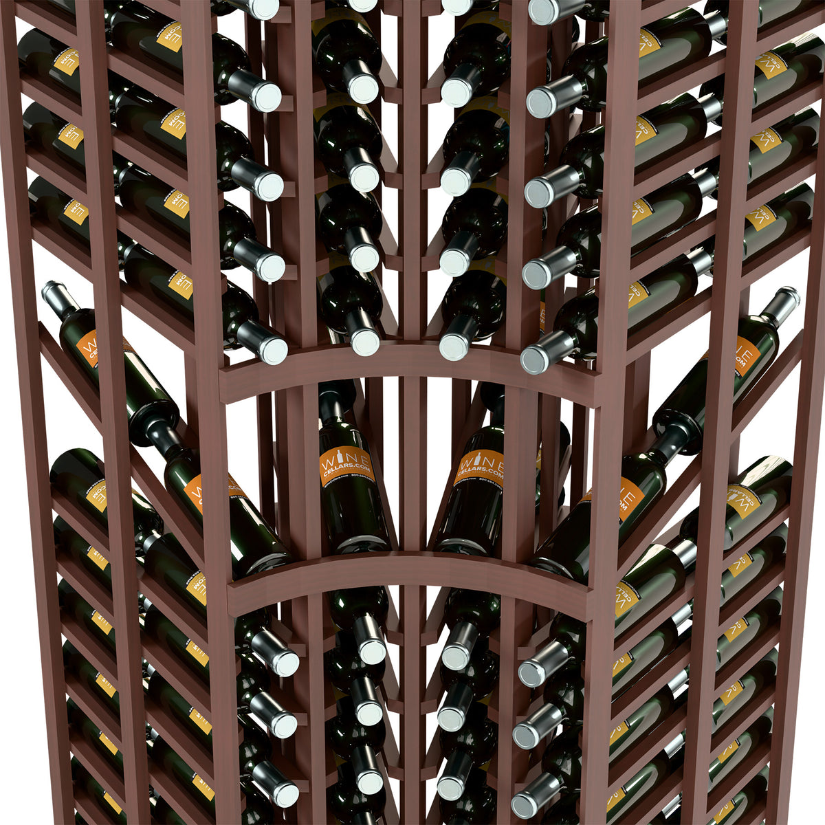 Close-up of dark wood curved corner wine rack with double-depth bottle rows