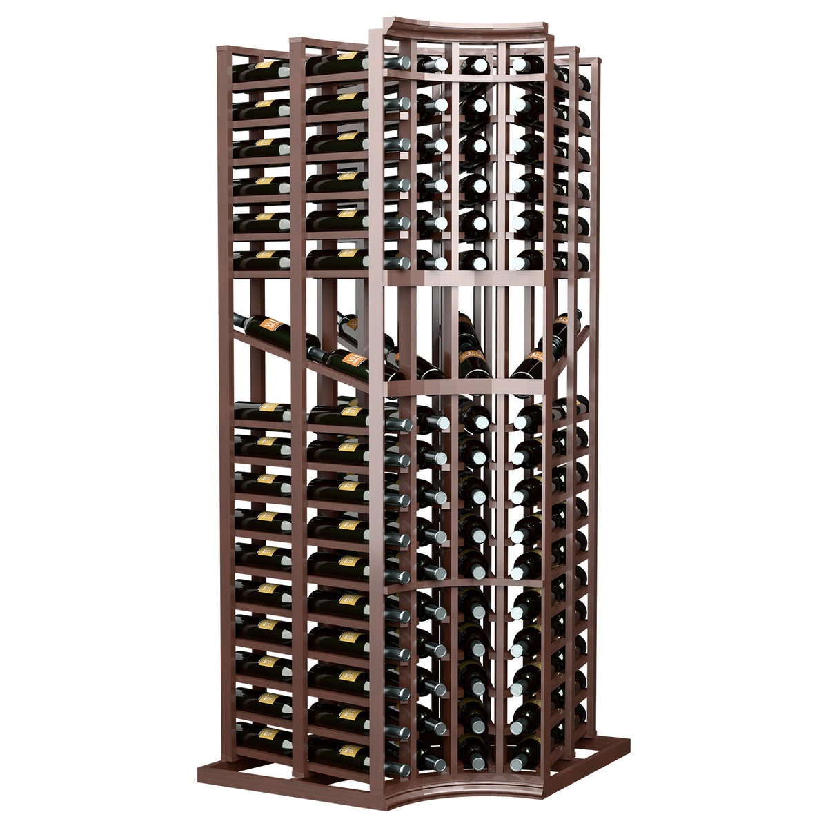 Brown 4-column curved-corner double-deep wine bottle display rack with bottle slots