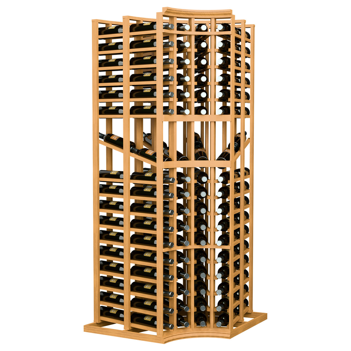 Light wood 4-column curved-corner double-deep wine bottle display rack with slots