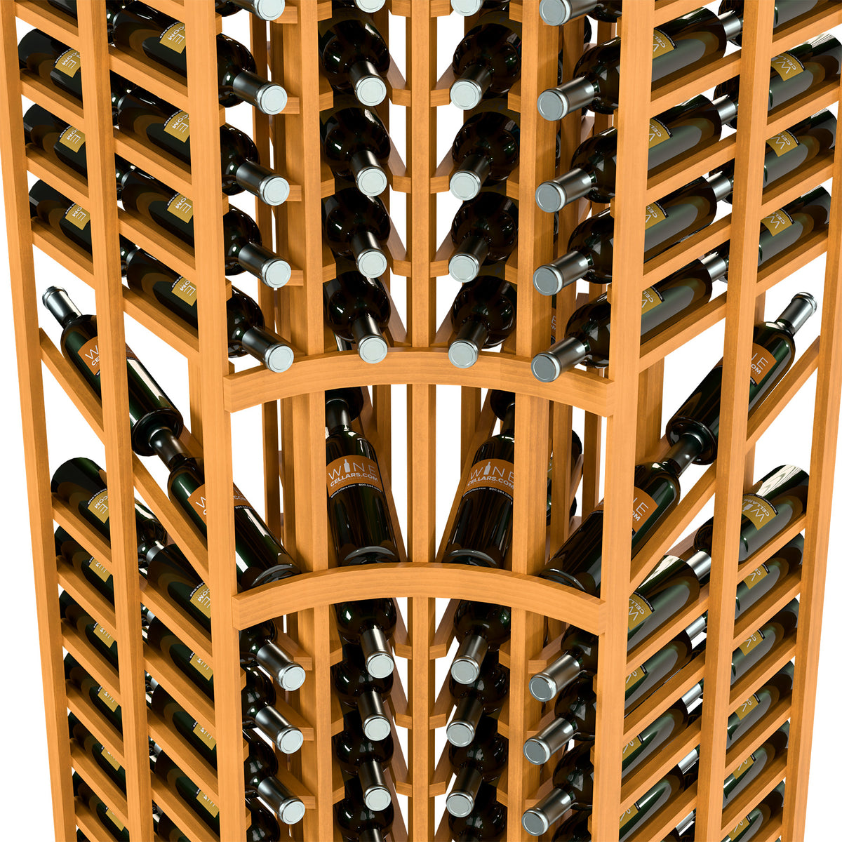Close-up of light wood 4-column curved-corner double-deep wine bottle rack with bottles