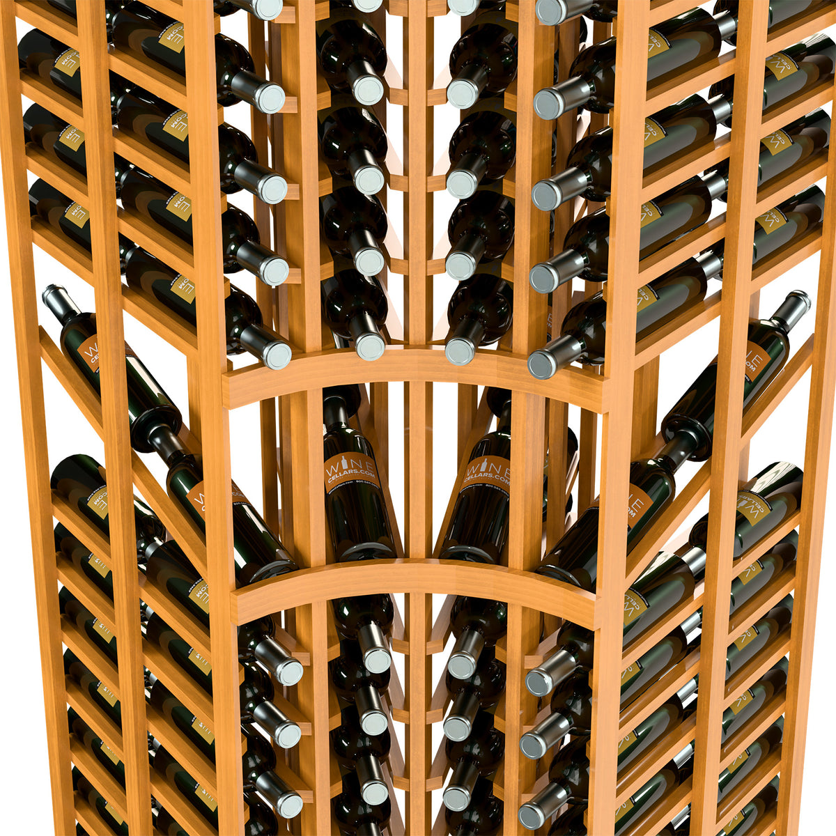 Close-up of light wood 4-column curved-corner double-deep wine bottle rack with slots