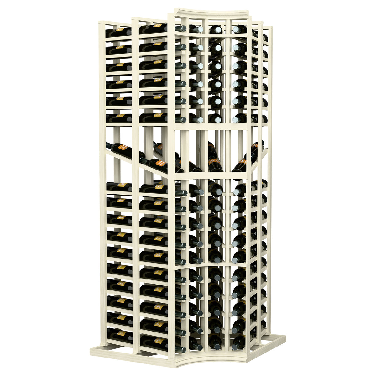 White 4-column curved-corner double-deep wine bottle display rack with bottle slots
