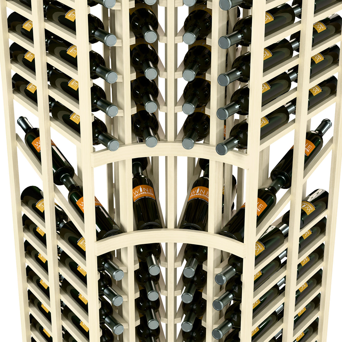 Close-up of white 4-column curved-corner double-deep wine bottle rack with bottles