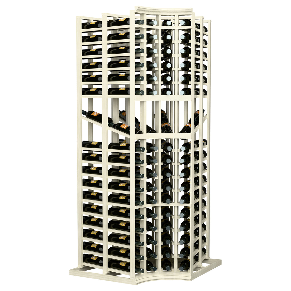 White 4-column curved-corner double-deep wine bottle display rack with curved front