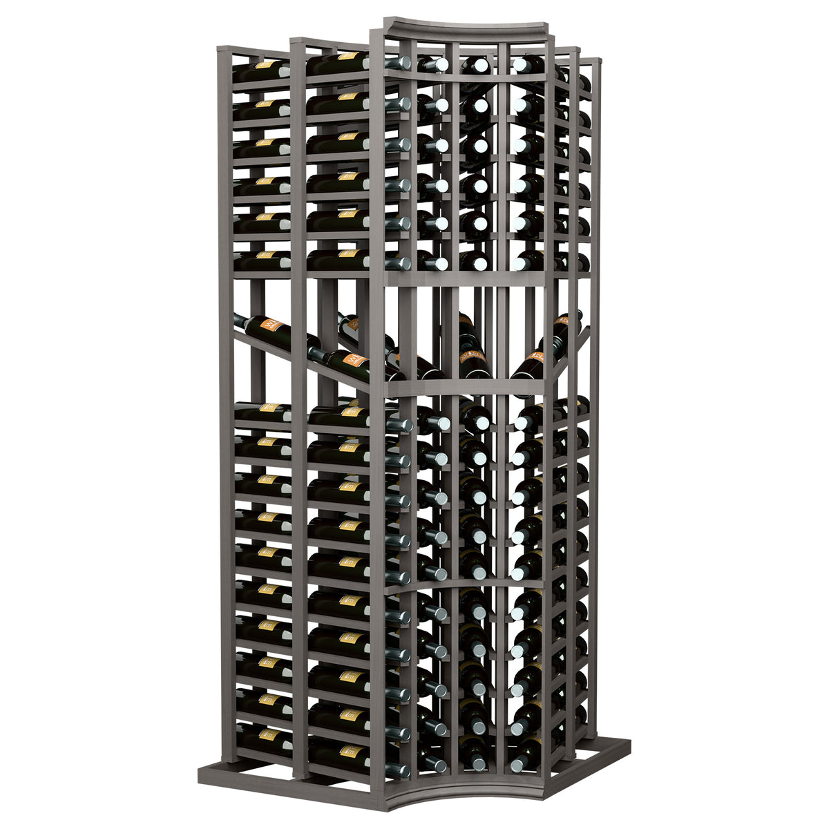 Curved corner wine display rack with dark frame and rows of bottles