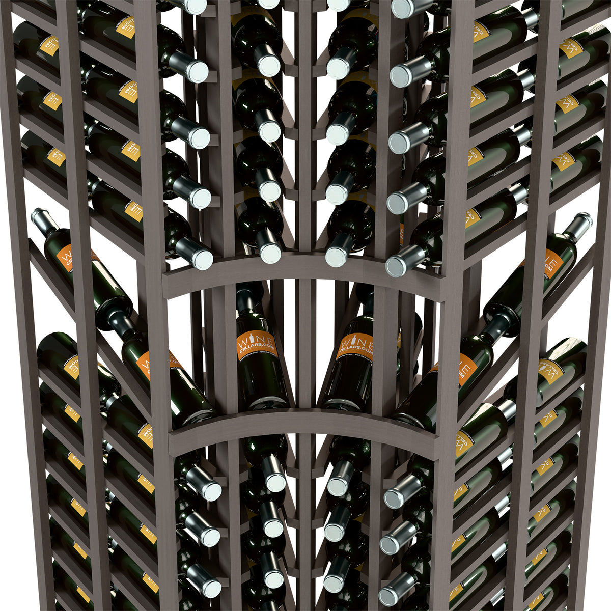 Wine display rack close-up with dark frame and bottle necks in holders