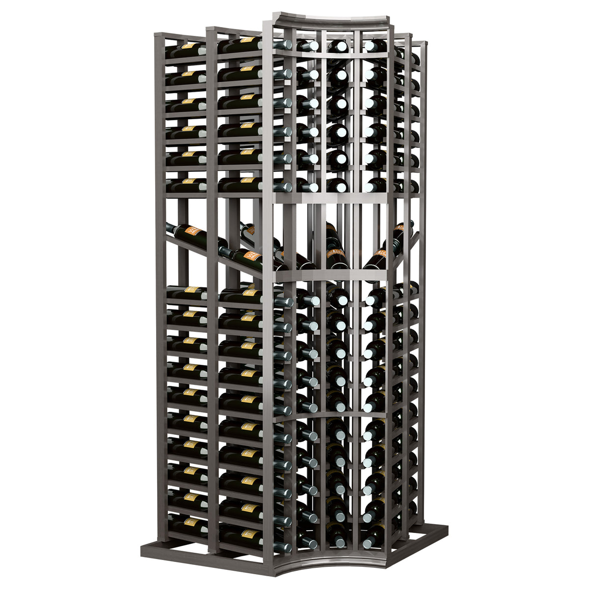 Curved corner wine display rack with dark frame, split grid and bottles