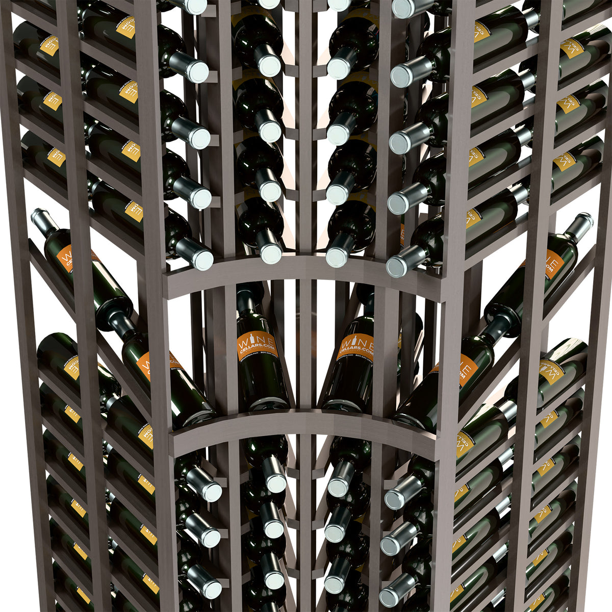 Wine display rack close-up showing dark frame and bottle rows