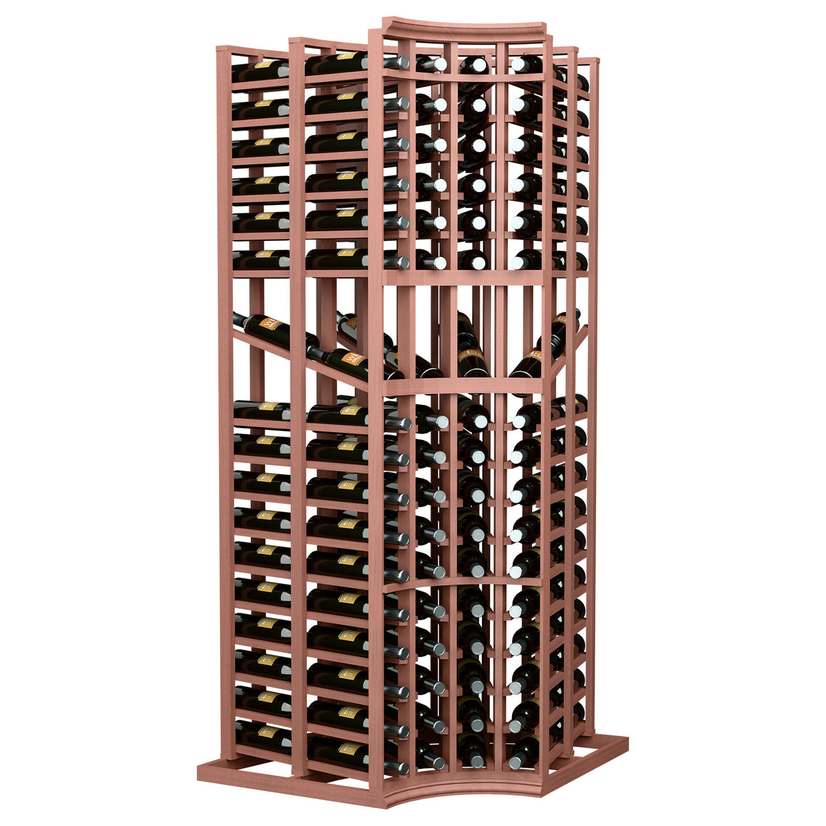 Curved corner wine display rack with red wood frame and rows of bottles