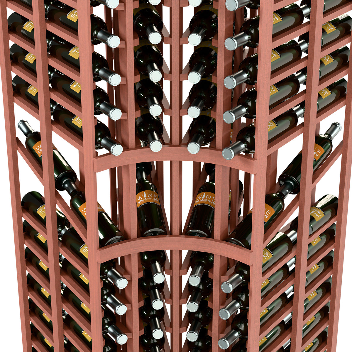 Wine display rack close-up with red frame and bottle necks in holders