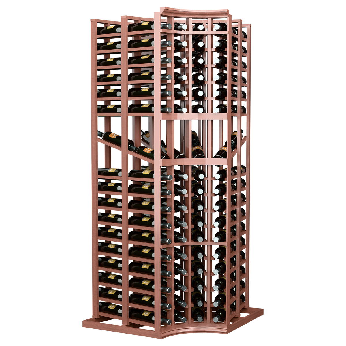 Curved corner wine display rack with red frame and split grid bottle display