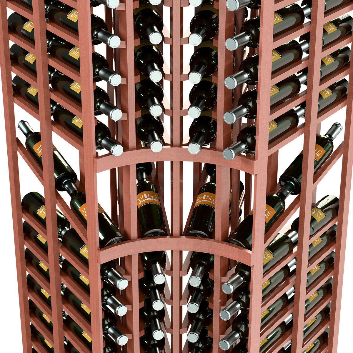 Wine display rack close-up showing red frame and bottle rows