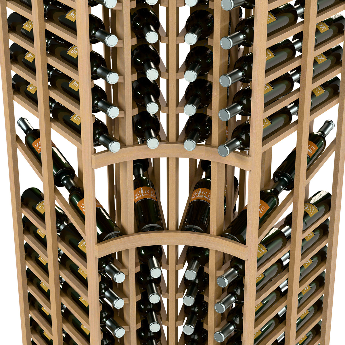 Wine display rack close-up with light frame and bottle necks in holders
