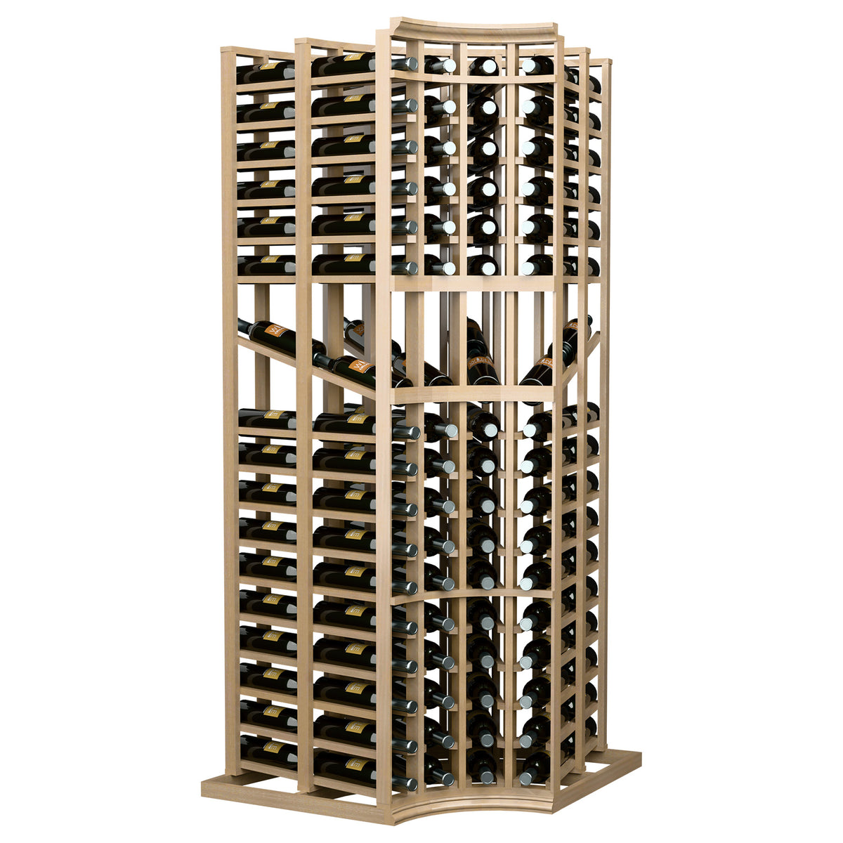 4-column double-deep curved-corner wine display rack, light wood frame with bottles