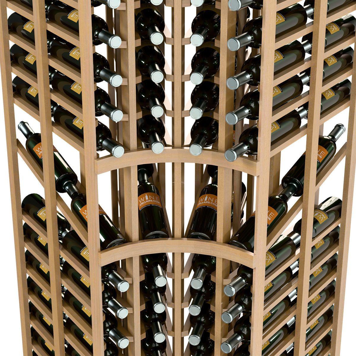Close-up of 4-column double-deep curved-corner wine rack holding bottles in slots