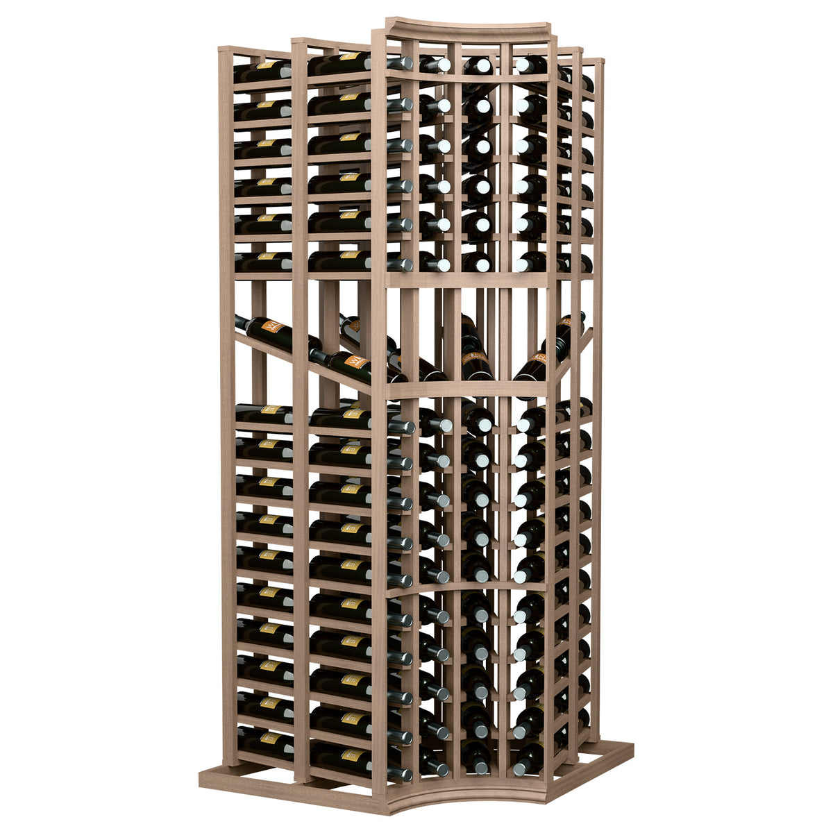 4-column double-deep curved-corner wine display rack with bottle rows, light wood finish