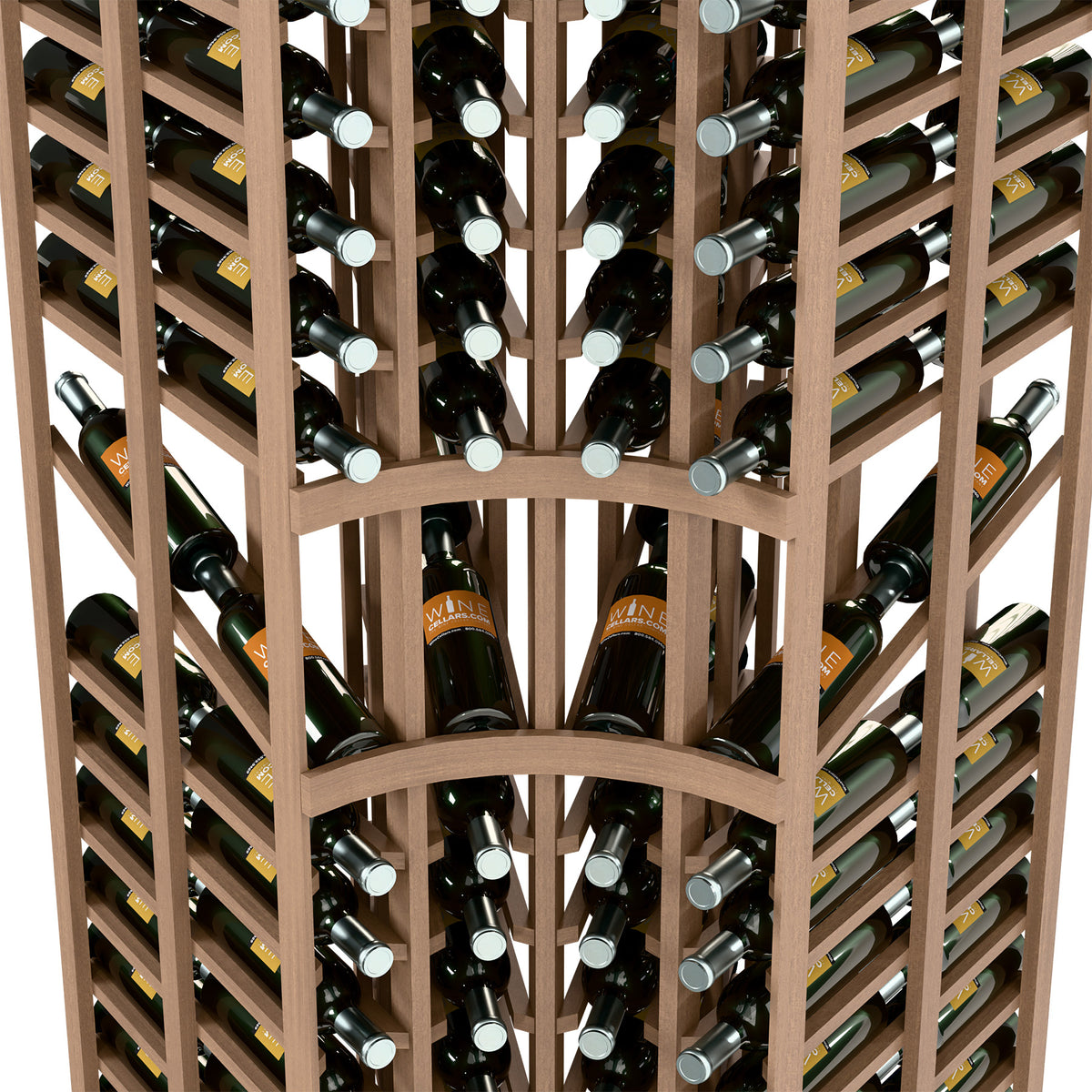Front view detail of double-deep curved-corner wine rack with bottle openings