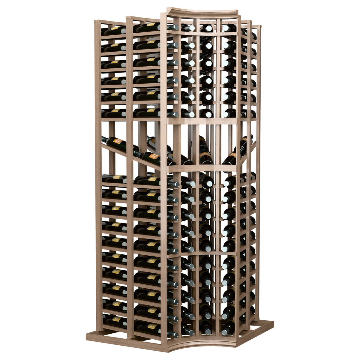 4-column curved-corner double-deep wine display rack, light wood frame with empty slots