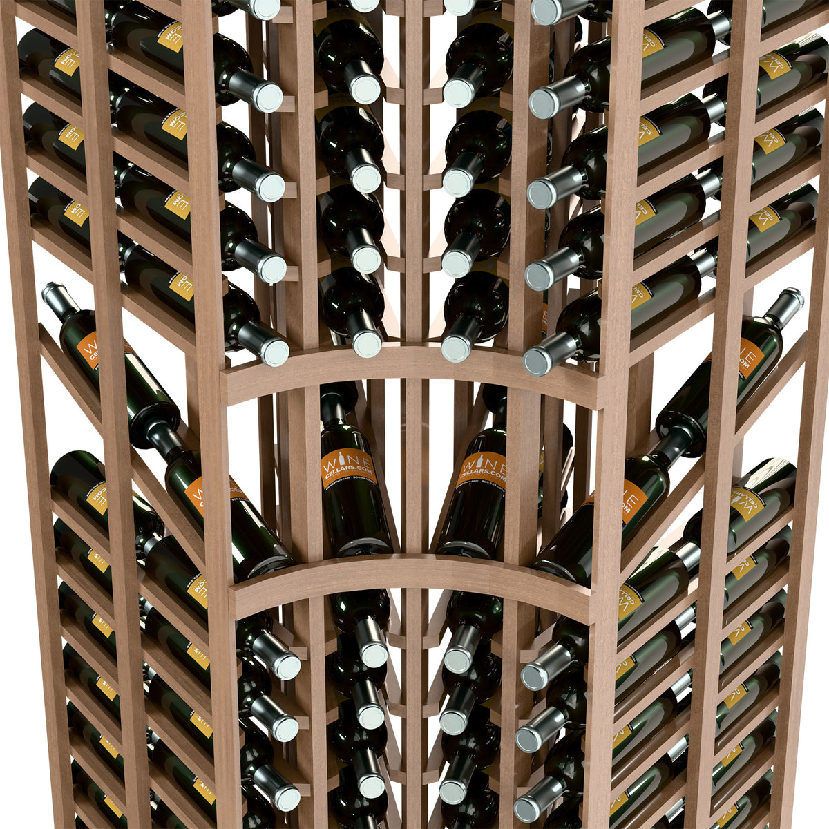Interior view of double-deep curved-corner wine rack with bottles and metal round pegs