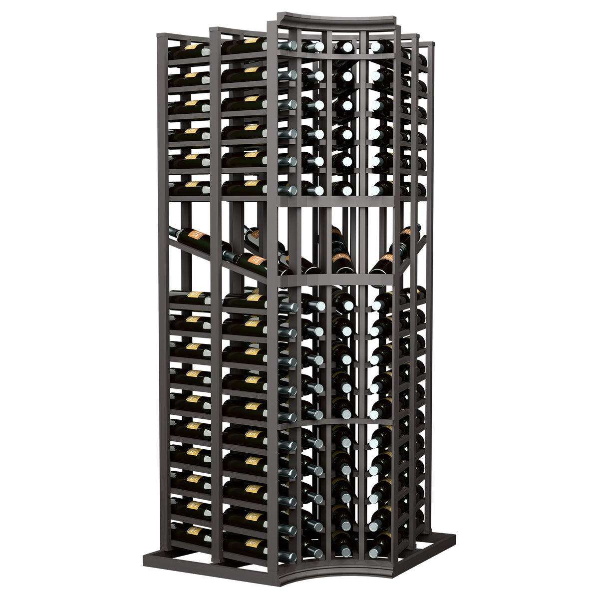 4-column double-deep curved-corner wine display rack, dark stained frame with bottle storage