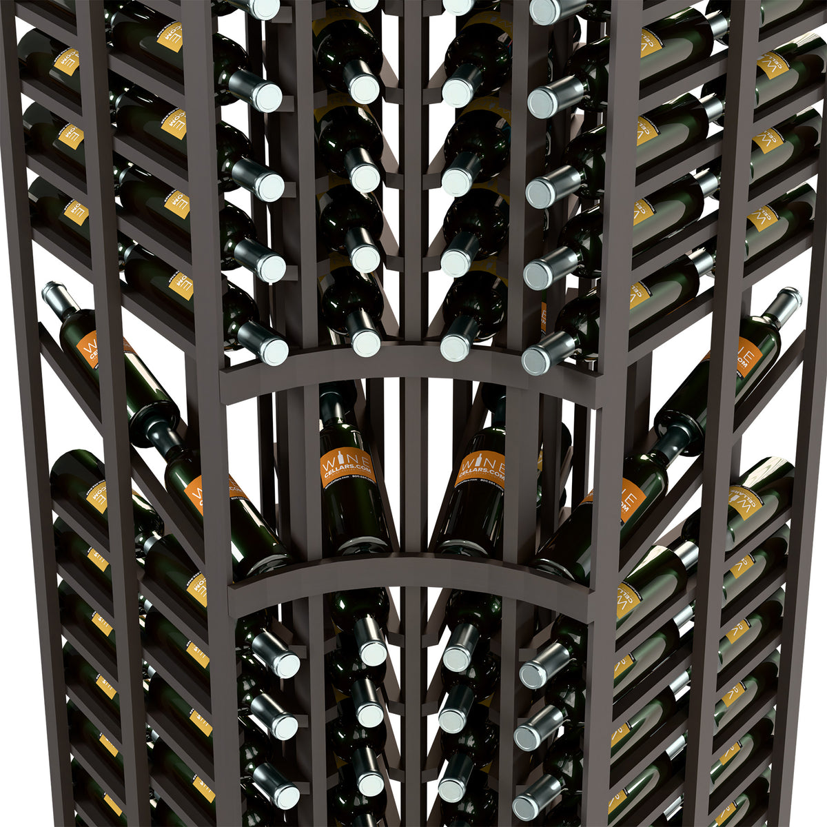 Front close-up of dark wine display rack showing bottle neck holders and rows