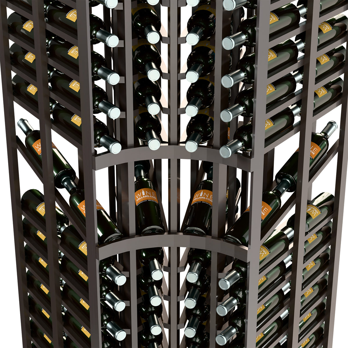 Close-up of dark curved-corner wine display rack with bottle rows and peg supports
