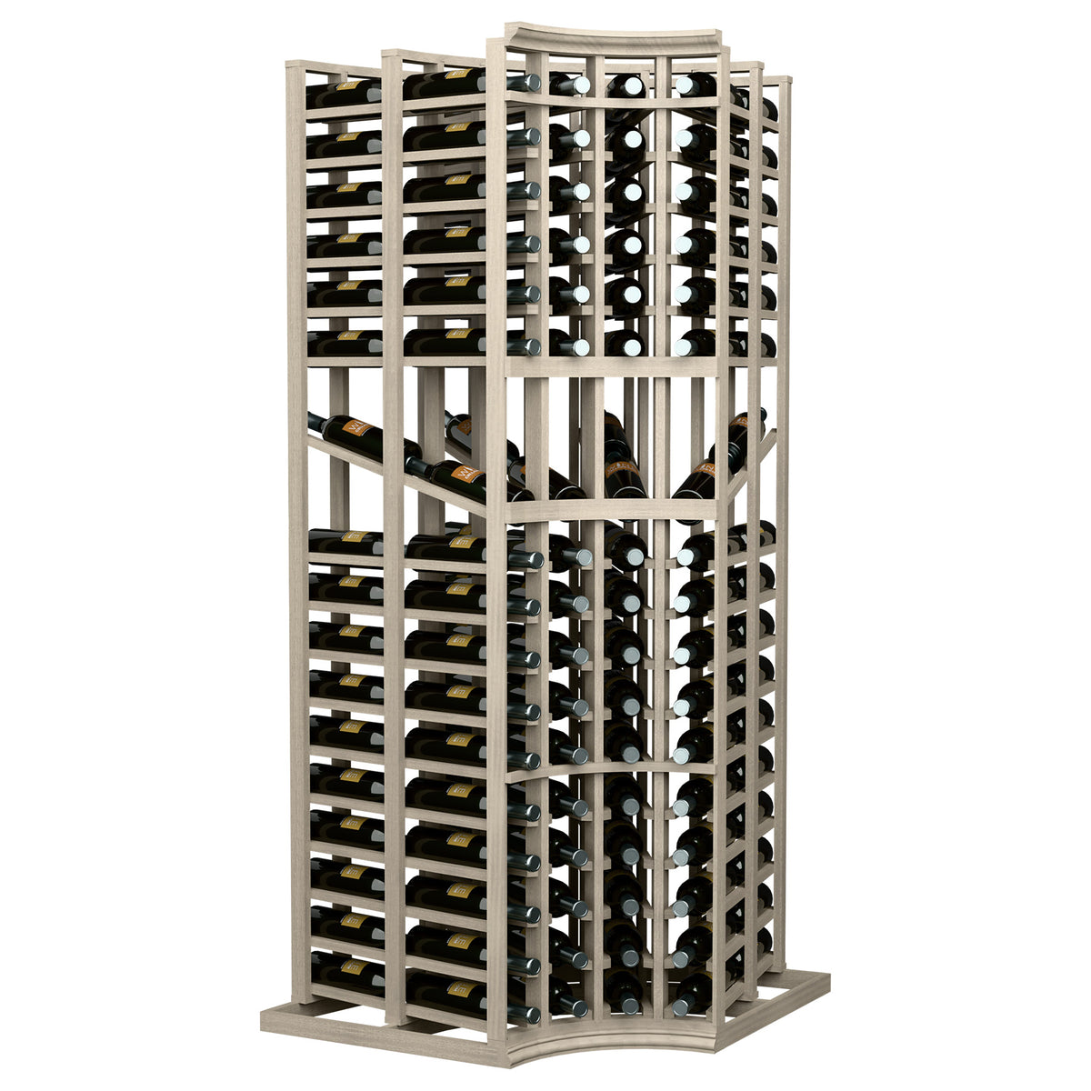 4-column curved-corner double-deep wine display rack, holding dark wine bottles