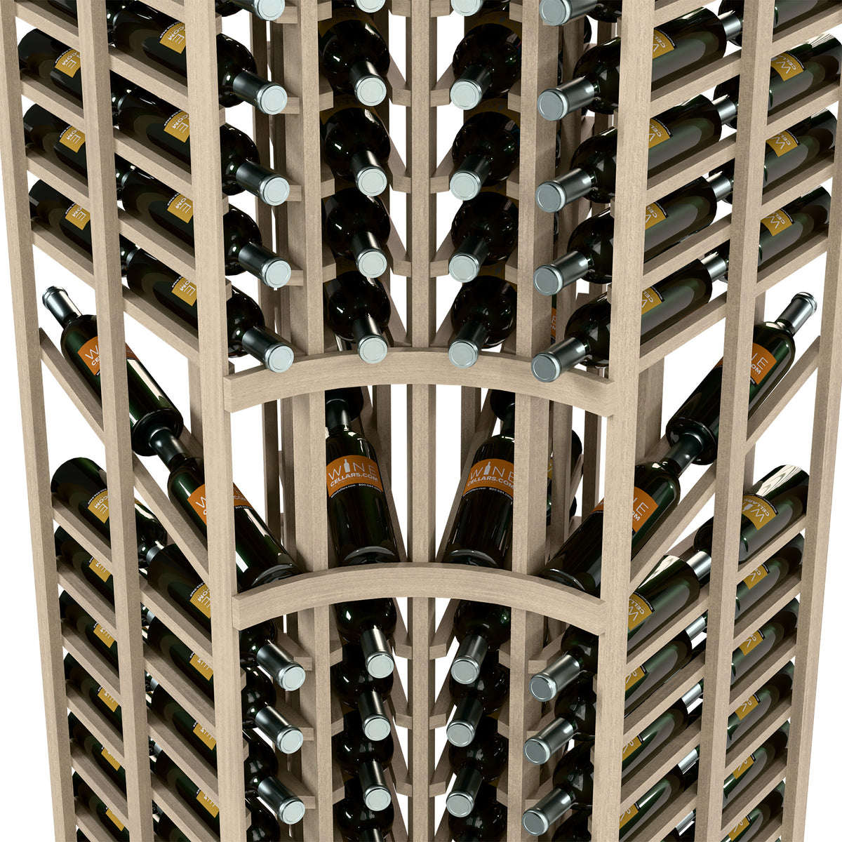Curved-corner double-deep wine rack with bottle slots and silver bottle collars