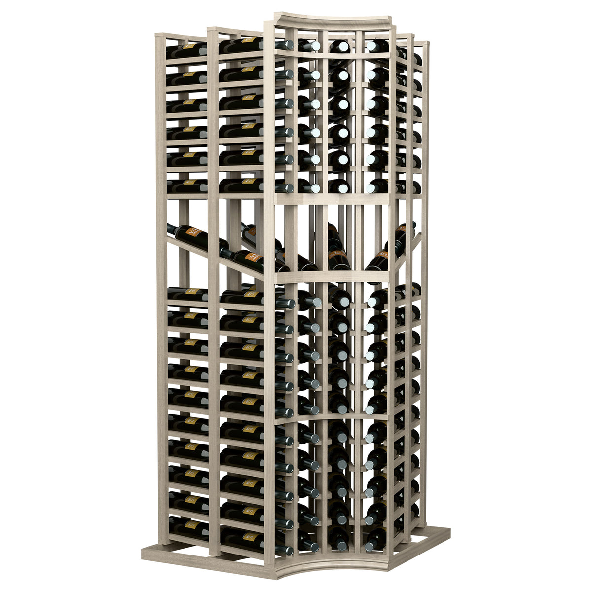 Wine display rack with curved corner and double-deep slots for dark bottles