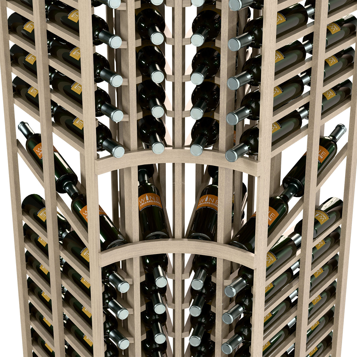 Close-up of curved-corner wine rack with double-deep bottle storage and arched frame