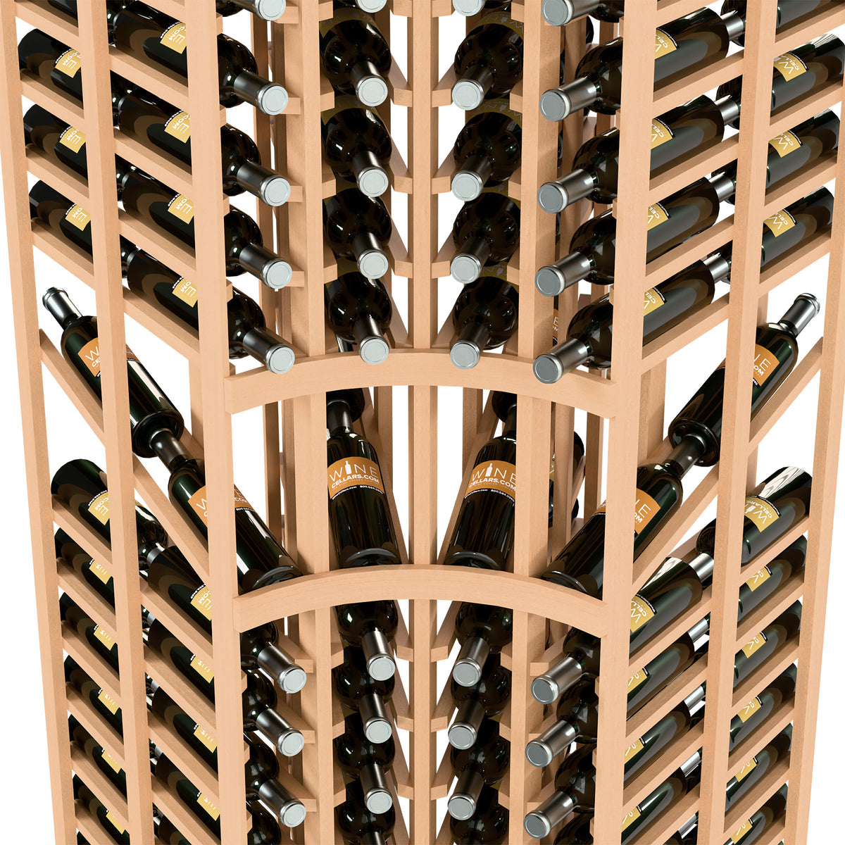 Double-deep wine rack close-up with bottle slots and silver-capped bottle necks