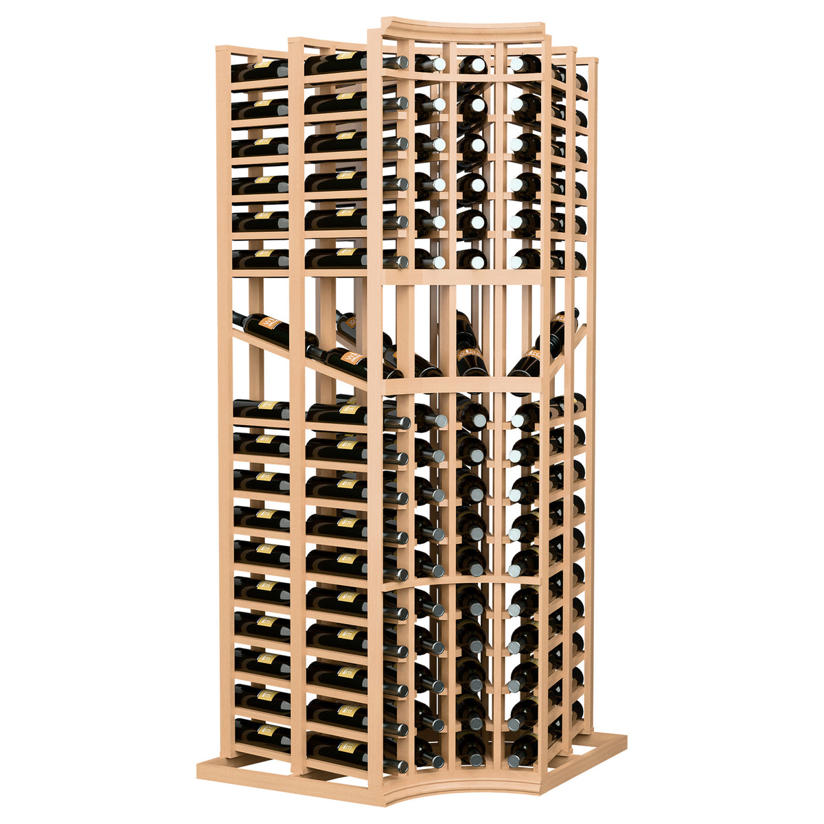Tall wine display rack with curved corner, four columns, and double-deep bottle slots