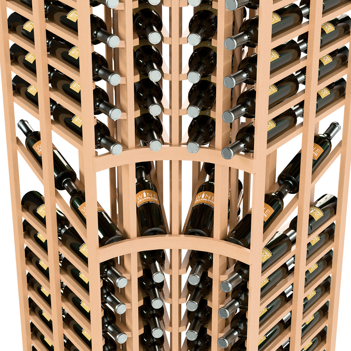 Curved-corner wine rack close-up showing double-deep bottle slots and arched divider