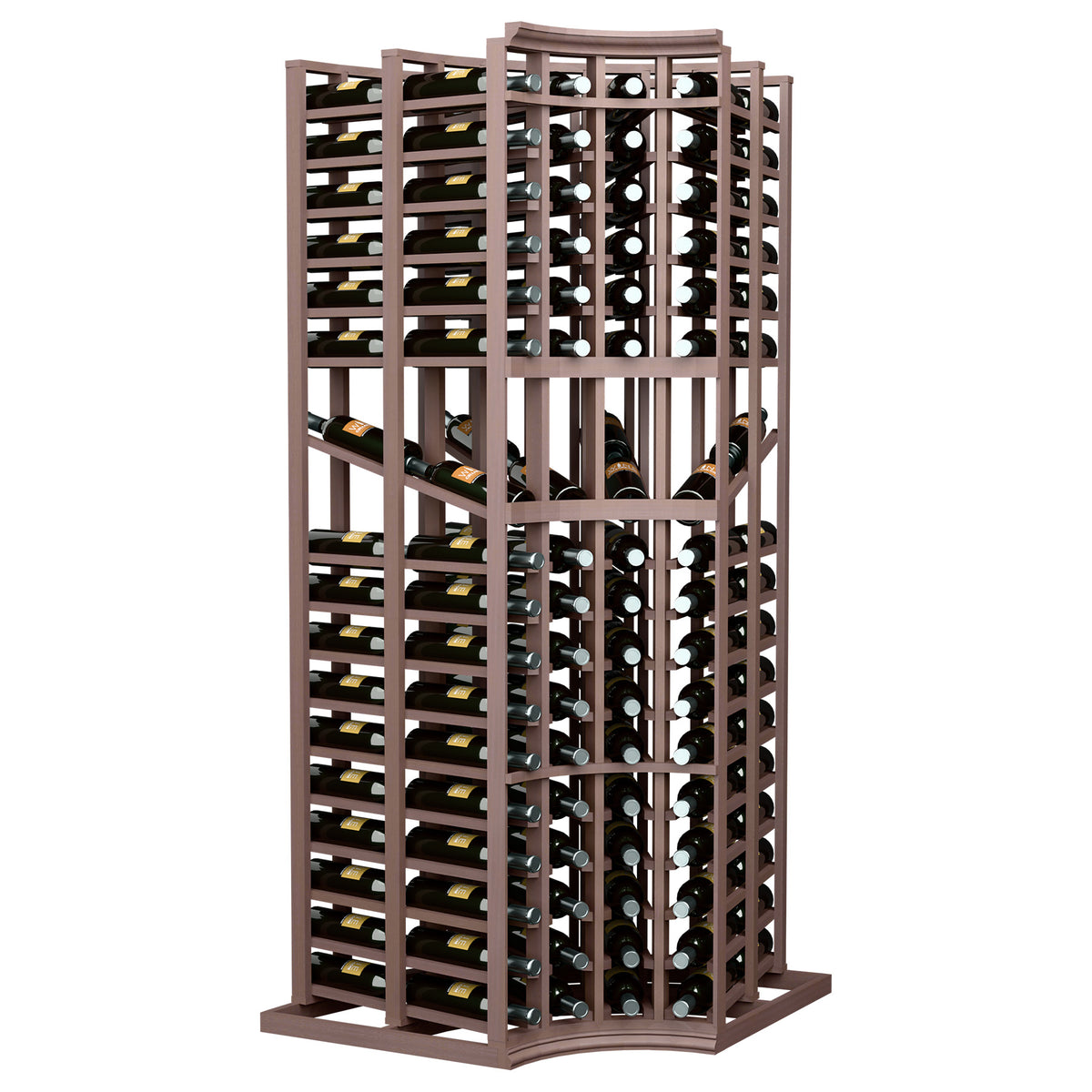 4-column curved-corner wine display rack with double-deep slots for dark bottles