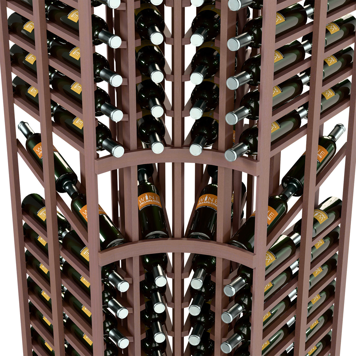 Close-up of curved-corner double-deep wine rack with bottle slots and arched base