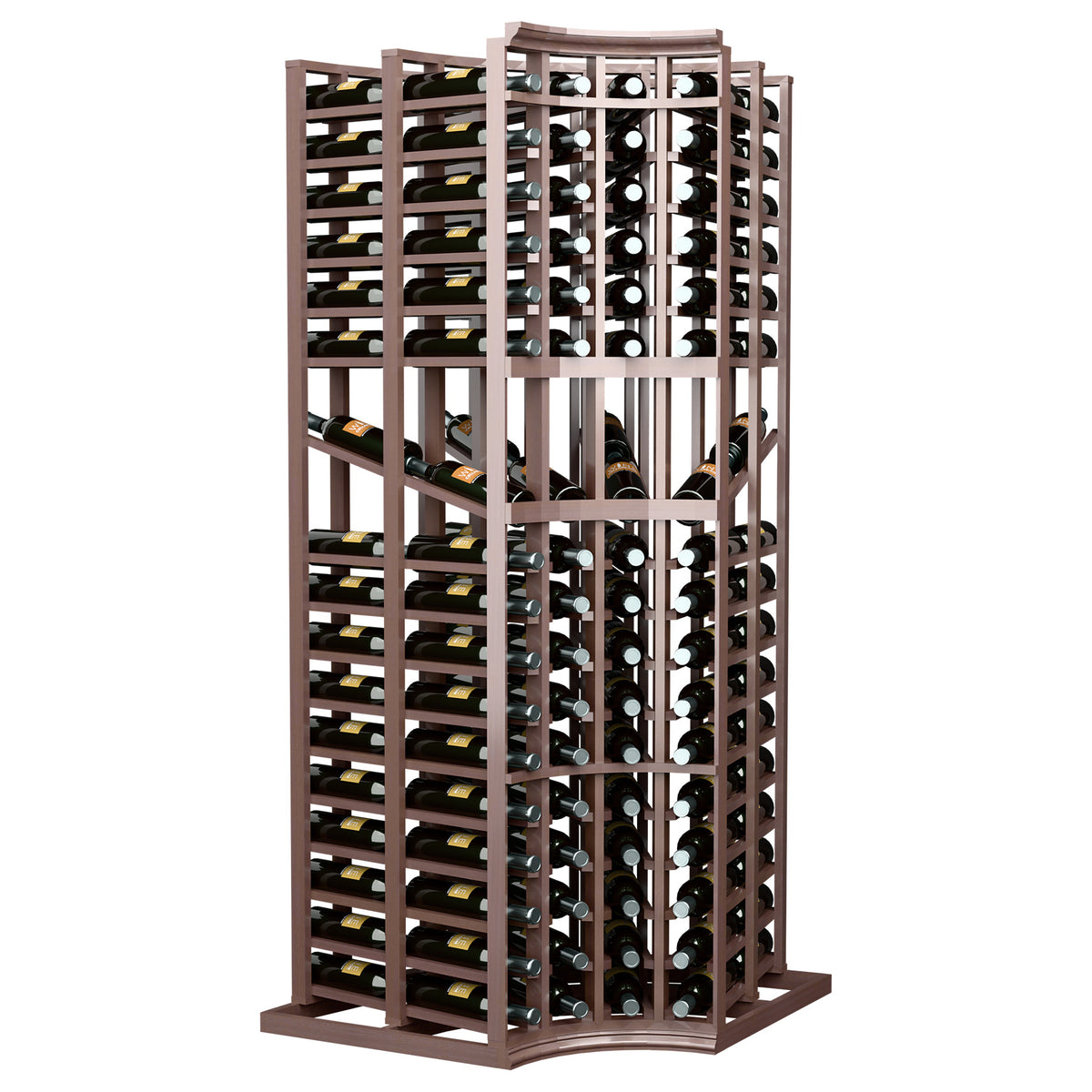 Wood wine display rack with curved corner frame and multiple bottle slots, dark finish
