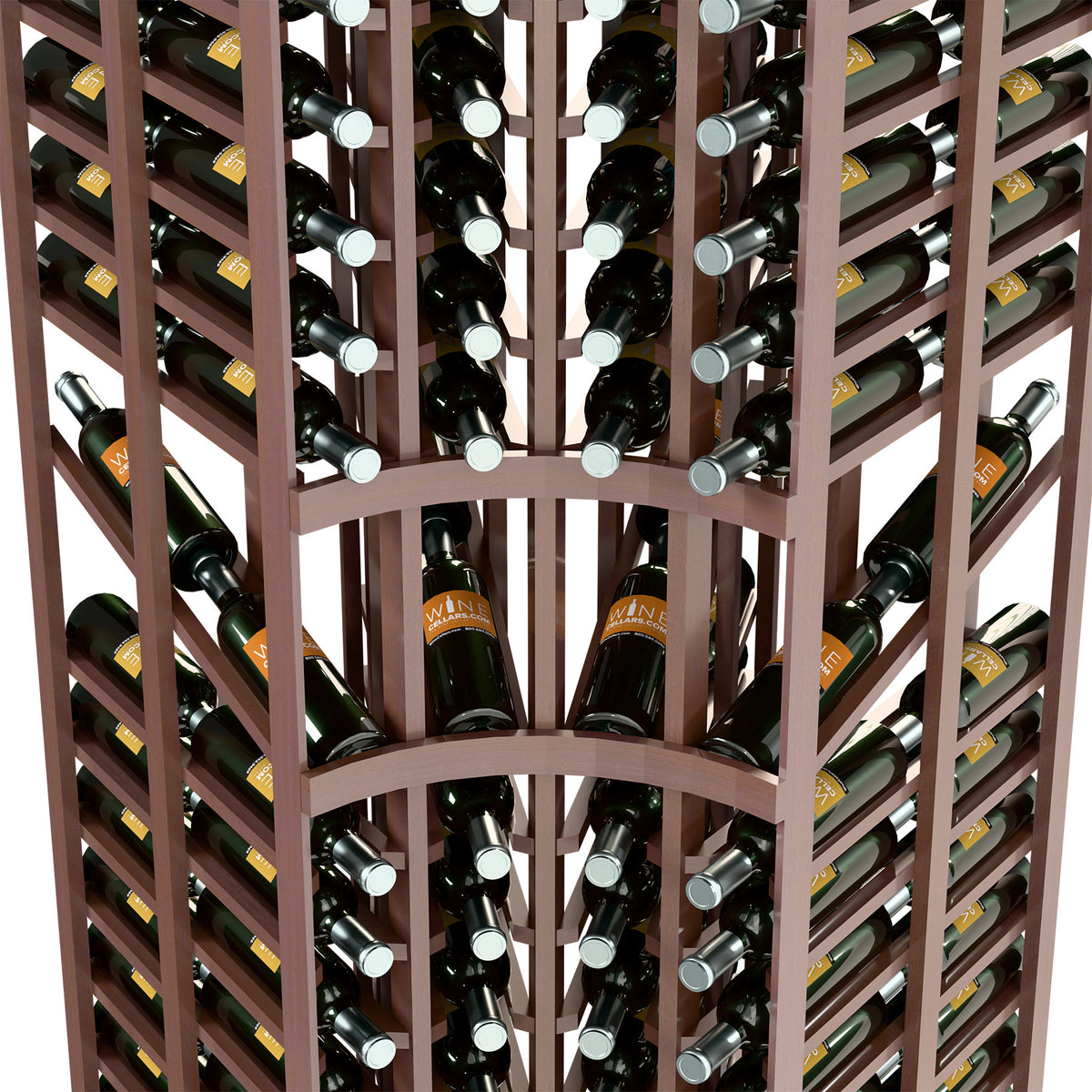 Close-up of dark-finish wine rack with metal bottle rests and vertical storage rows