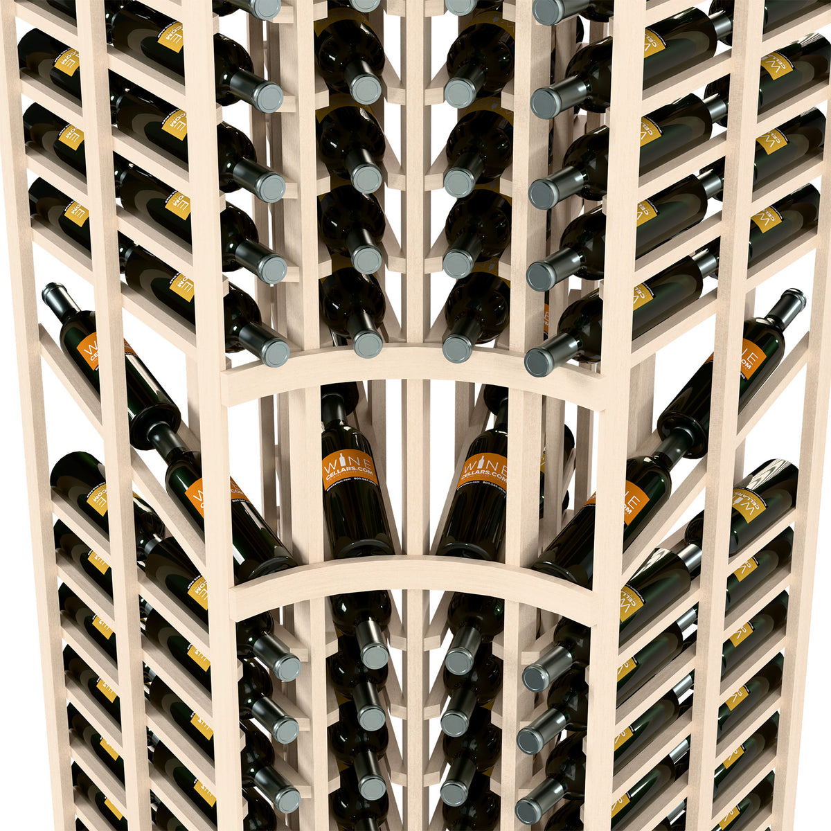 Close-up of white-wash wine rack with metal bottle rests and upright bottle storage