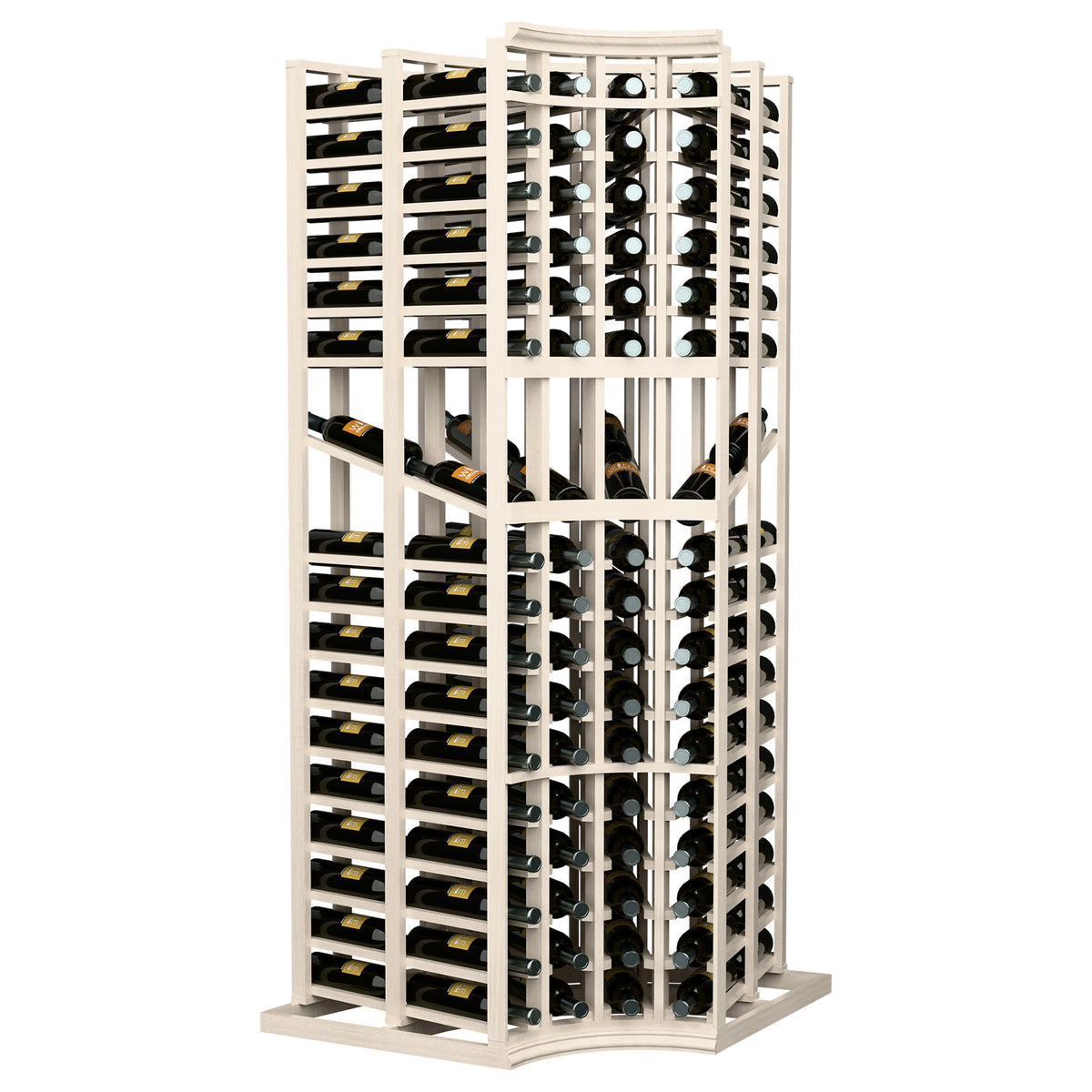 Wine display rack with curved corner design and multiple bottle slots, white-wash finish