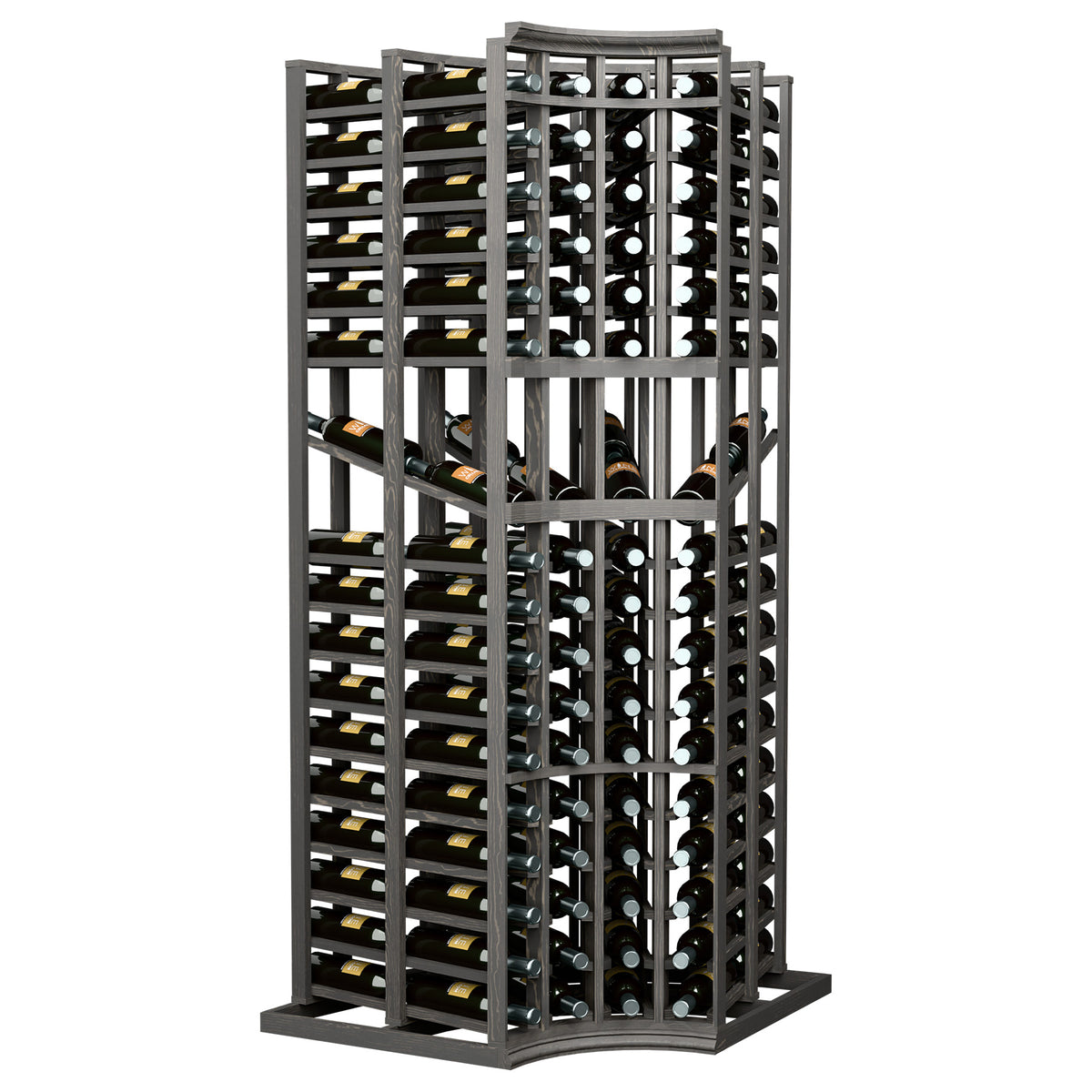 Dark wine bottle display rack with curved corner, 4 columns, double-deep slots and round holders